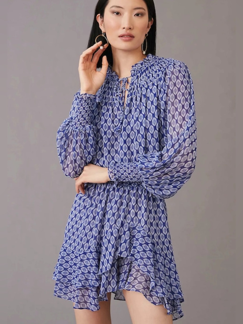 Misa Almaha Long Sleeve Mini Dress Majorelle Lapis Tile Blue/ White Color Small